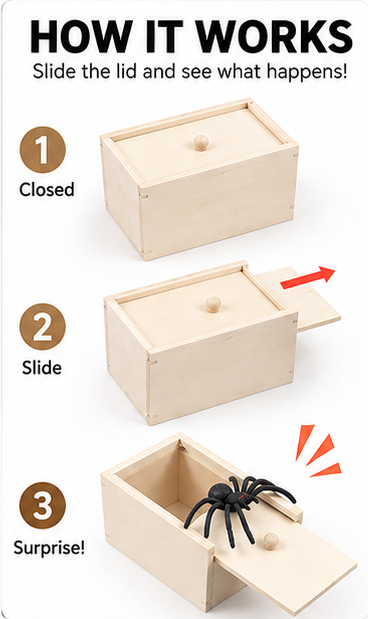 Wooden Spider Prank Box, Surprise Scare Toy with Sliding Lid, Funny Gag Gift for Friends and Family
