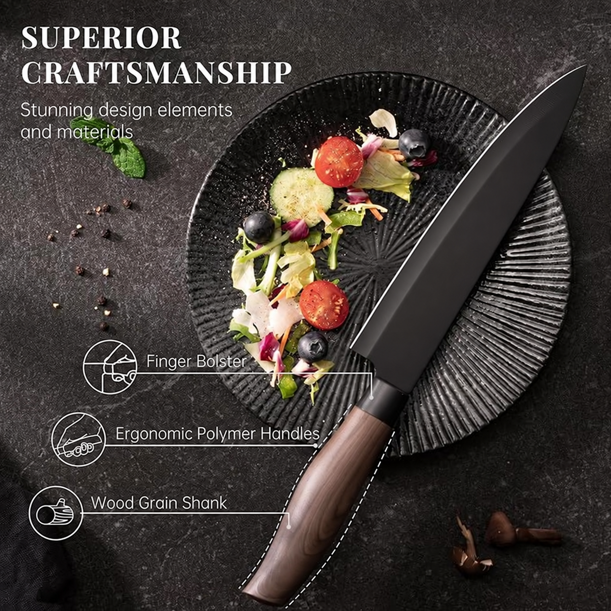 Knife Set, 6-Piece Kitchen Knife Set with Block, High Carbon Stainless Steel Ultra Sharp Kitchen Knives, Wood Grain Handle, Dishwasher Safe Knife Block Set, Black, Kitchen Utility Knives
