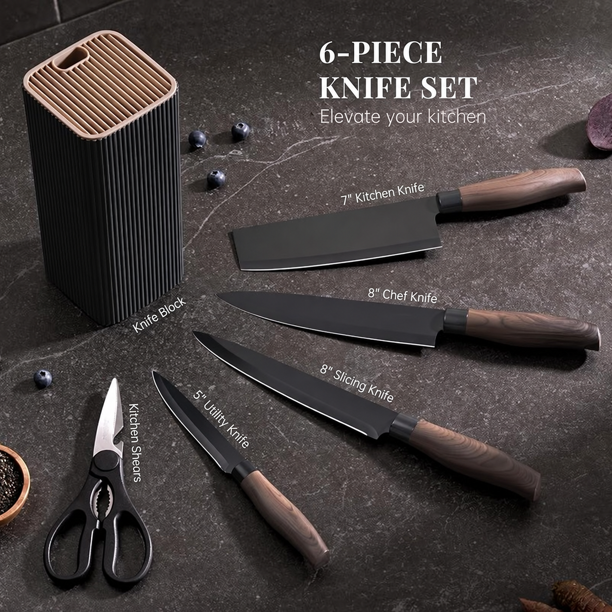 Knife Set, 6-Piece Kitchen Knife Set with Block, High Carbon Stainless Steel Ultra Sharp Kitchen Knives, Wood Grain Handle, Dishwasher Safe Knife Block Set, Black, Kitchen Utility Knives