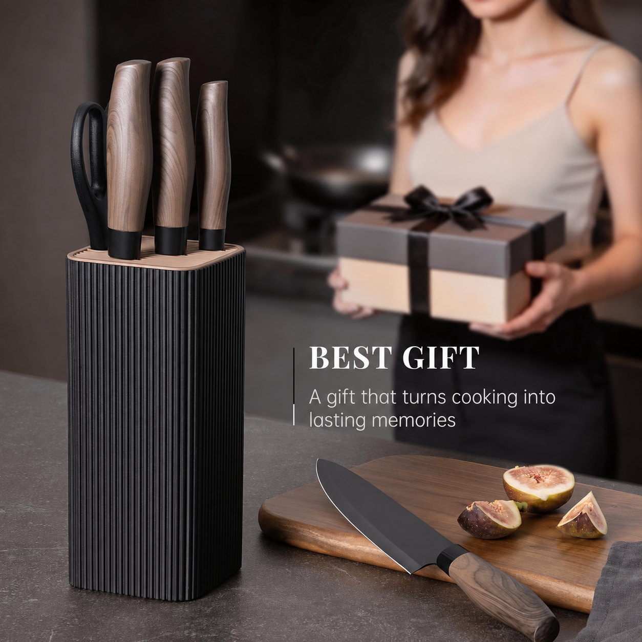 Knife Set, 6-Piece Kitchen Knife Set with Block, High Carbon Stainless Steel Ultra Sharp Kitchen Knives, Wood Grain Handle, Dishwasher Safe Knife Block Set, Black, Kitchen Utility Knives