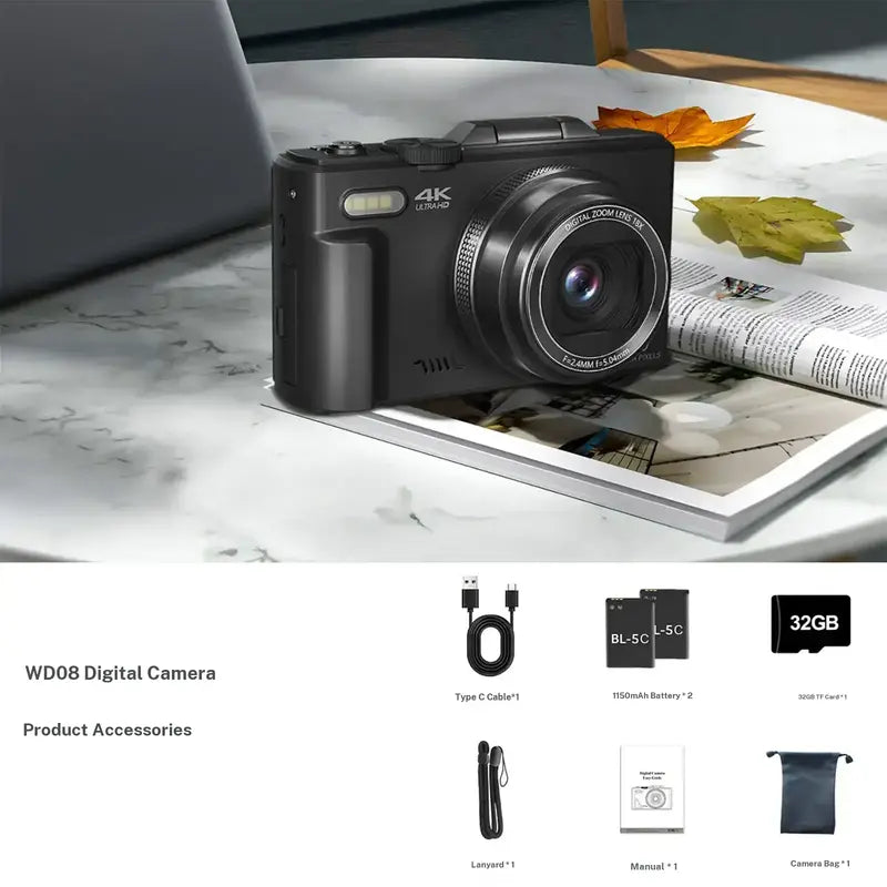 4K Digital Camera for Photography & Content Creators - 64MP, 3-Inch 180° Flip Screen, 18X Digital Zoom, 32GB Micro SD Card, 2 Batteries, Speaker, Lanyard, Cool Gifts for Guys
