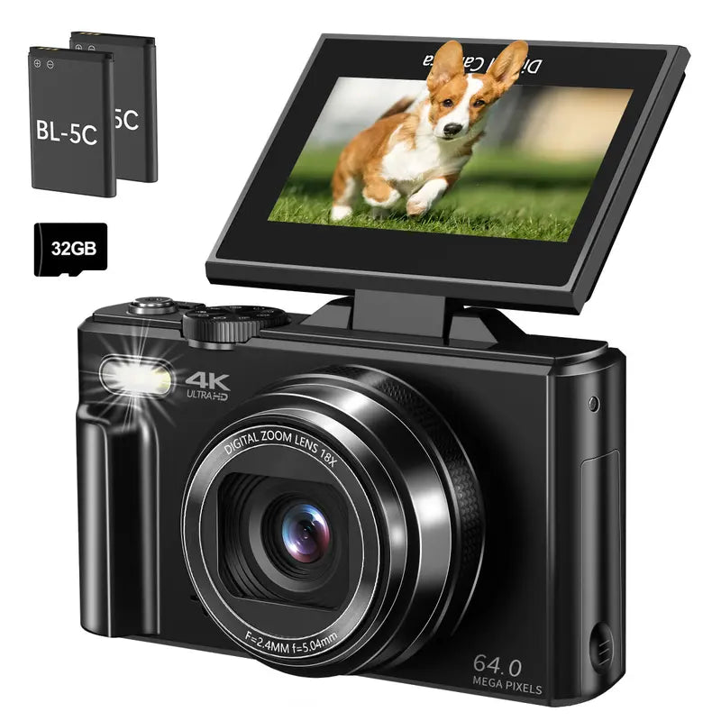 4K Digital Camera for Photography & Content Creators - 64MP, 3-Inch 180° Flip Screen, 18X Digital Zoom, 32GB Micro SD Card, 2 Batteries, Speaker, Lanyard, Cool Gifts for Guys
