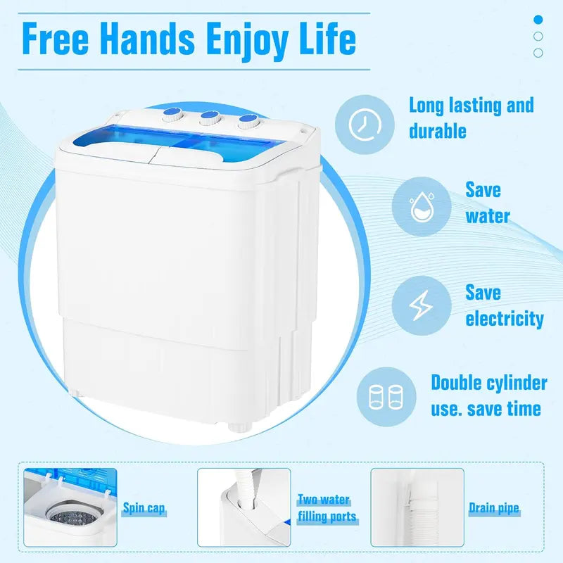 Portable Washing Machine with Longer Hose, 16lbs Twin Tub Laundry Washer Machine with 9.6Lbs Washer and 5.4Lbs Spinner dryer, Semi-automatic Washer Combo for Dorms, Apartments, Blue#Summervibes