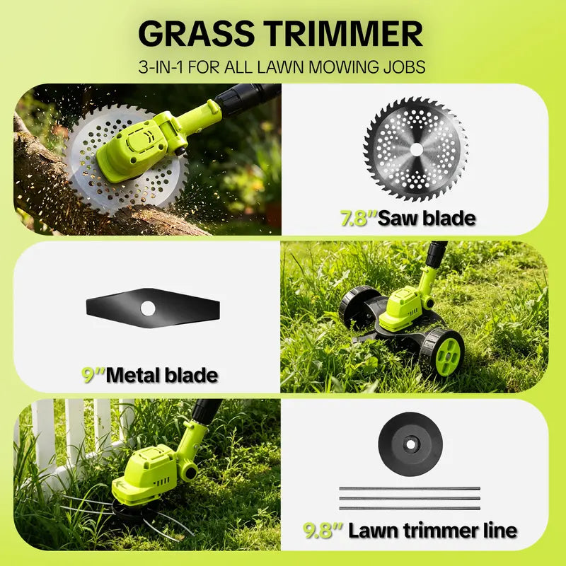 Cordless Electric Weed Wacker, 3 Different Cutting Accessories for Lawn Trimming & Edging, with 2 Batteries, Lightweight Design - Suitable for Yard, Garden
