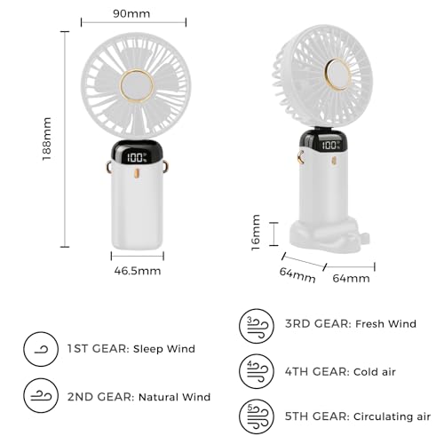 Jsdoin Hand Held Fan,Portable Handheld USB Rechargeable Fans with 5 Speeds,Battery Operated Mini Fan Foldable Desk Desktop Fa