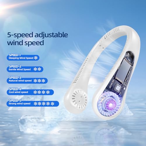 Jsdoin Portable Neck Fan, Neck Fans USB Rechargeable, 5 Speed Hanging Bladeless Fan,360 Degrees Airflow Neck Fans for Men Wom