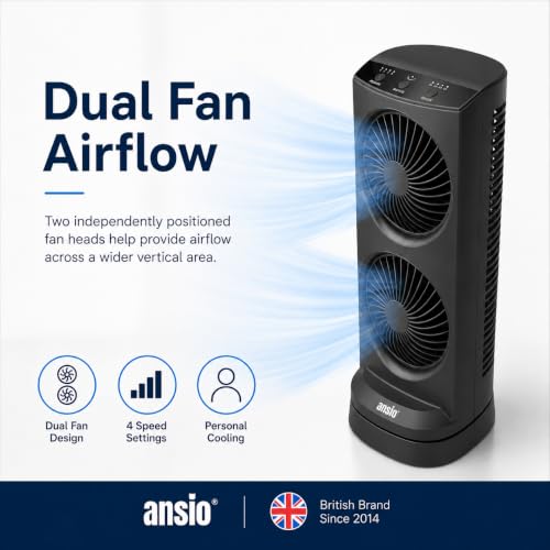 ANSIO 13 Inch Mini Tower Fan, 4 Speeds, 90° Oscillation, 15H Timer, 10W | Brushless DC Motor, Portable Desk & Table Fan with 