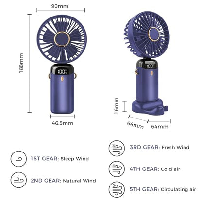 Jsdoin Hand Held Fan,Portable Handheld USB Rechargeable Fans with 5 Speeds,Battery Operated Mini Fan Foldable Desk Desktop Fa