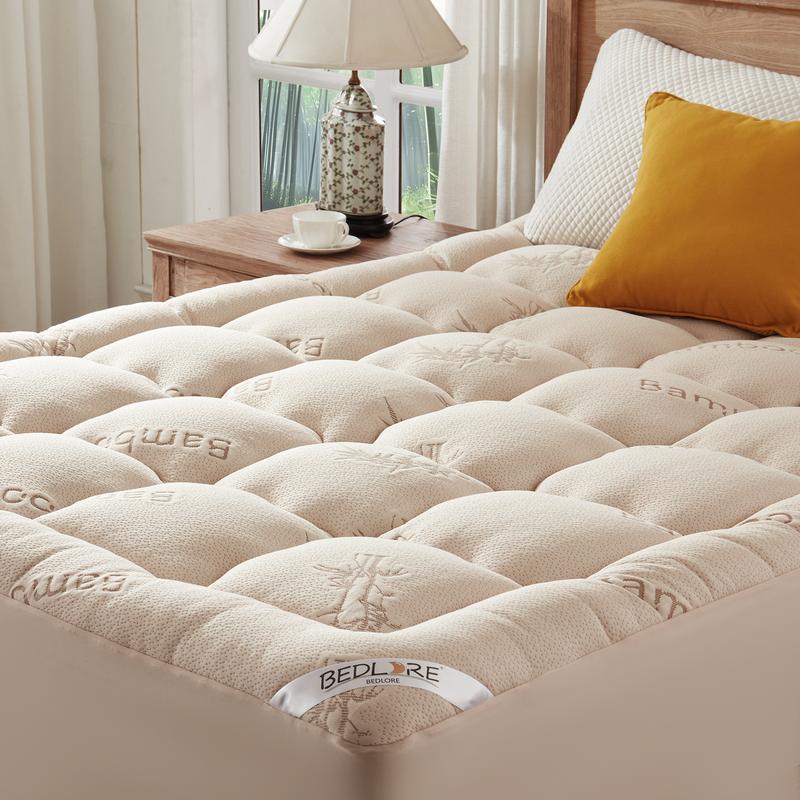 【BEDLORE】Bamboo Cooling Mattress Topper with Fitted Sheet, Thick Luxury Comfort Layer, Breathable & Soft on Skin, Deep Pocket Design, Machine Washable, Ideal for Bedroom & Home Use HomeEssentials