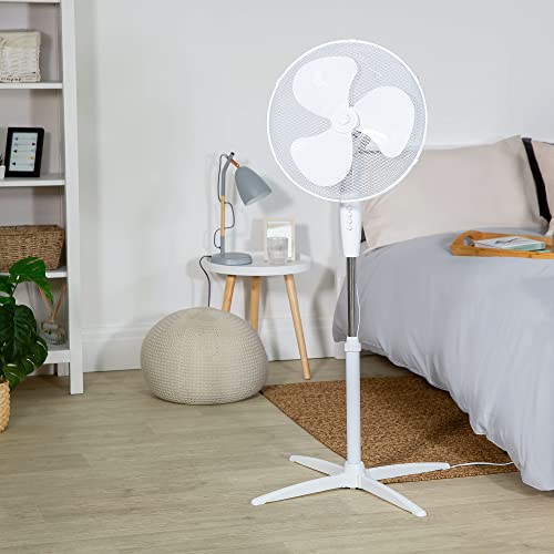 Russell Hobbs 16" Inch, Lightweight, Pedestal Fan, 3 Speeds, Wide-Angled Oscillation, Powerful Airflow, Adjustable Height, Wh