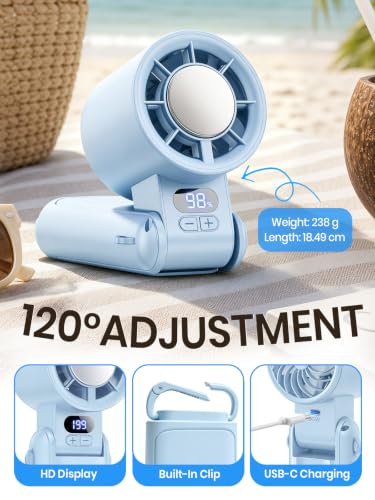 Handheld Fan Rechargeable with LED Display & Clip, 1-199 Speed | 3-in-1 Hand/Neck/Desk Fan, 24ft/s Powerful Airflow, 3600mAh 