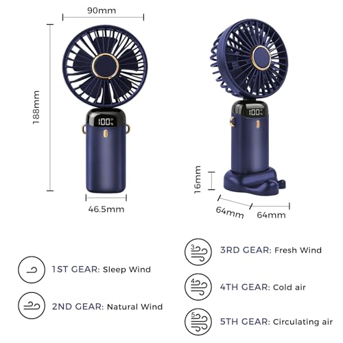Jsdoin Hand Held Fan,Portable Handheld USB Rechargeable Fans with 5 Speeds,Battery Operated Mini Fan Foldable Desk Desktop Fa