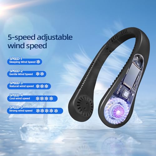 Jsdoin Portable Neck Fan, Neck Fans USB Rechargeable, 5 Speed Hanging Bladeless Fan,360 Degrees Airflow Neck Fans for Men Wom