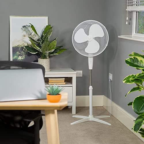 Russell Hobbs 16" Inch, Lightweight, Pedestal Fan, 3 Speeds, Wide-Angled Oscillation, Powerful Airflow, Adjustable Height, Wh