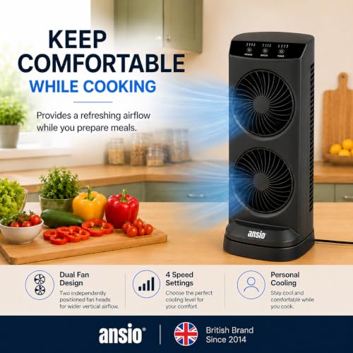 ANSIO 13 Inch Mini Tower Fan, 4 Speeds, 90° Oscillation, 15H Timer, 10W | Brushless DC Motor, Portable Desk & Table Fan with 