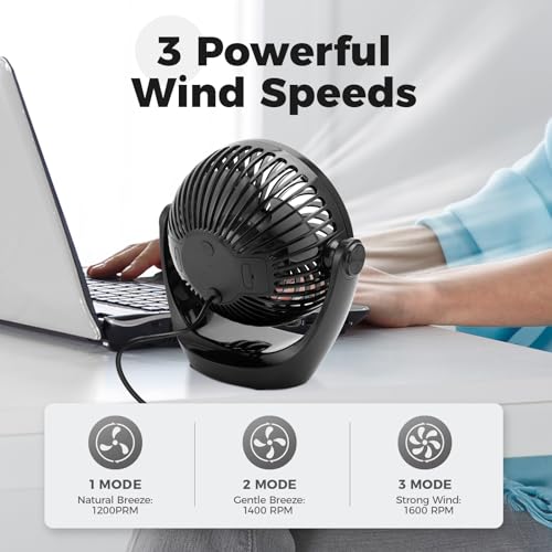 OCOOPA USB Desk Table Fan with Strong Airflow & Quiet Operation, Portable Cooling Fan Speed Adjustable 360°Rotatable Head for