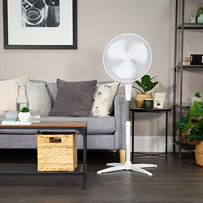 Russell Hobbs 16" Inch, Lightweight, Pedestal Fan, 3 Speeds, Wide-Angled Oscillation, Powerful Airflow, Adjustable Height, Wh