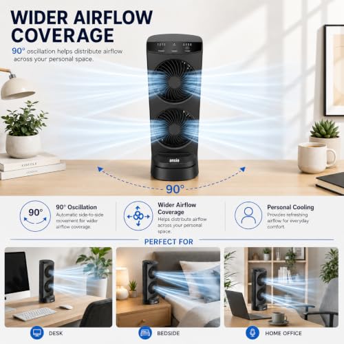 ANSIO 13 Inch Mini Tower Fan, 4 Speeds, 90° Oscillation, 15H Timer, 10W | Brushless DC Motor, Portable Desk & Table Fan with 