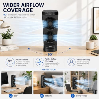 ANSIO 13 Inch Mini Tower Fan, 4 Speeds, 90° Oscillation, 15H Timer, 10W | Brushless DC Motor, Portable Desk & Table Fan with 
