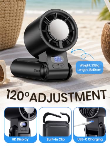 Handheld Fan Rechargeable with LED Display & Clip, 1-199 Speed | 3-in-1 Hand/Neck/Desk Fan, 24ft/s Powerful Airflow, 3600mAh 