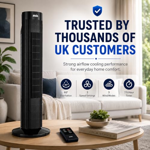 ANSIO 13 Inch Mini Tower Fan, 4 Speeds, 90° Oscillation, 15H Timer, 10W | Brushless DC Motor, Portable Desk & Table Fan with 