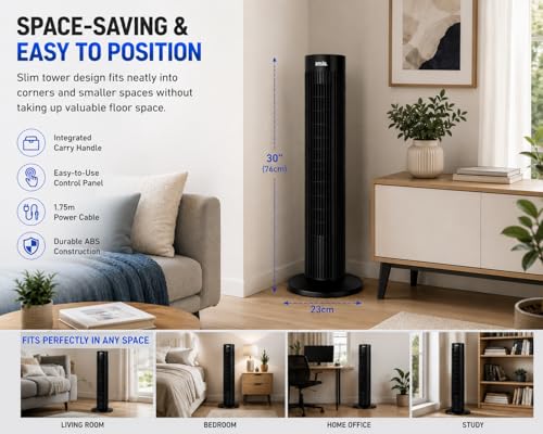 ANSIO 13 Inch Mini Tower Fan, 4 Speeds, 90° Oscillation, 15H Timer, 10W | Brushless DC Motor, Portable Desk & Table Fan with 