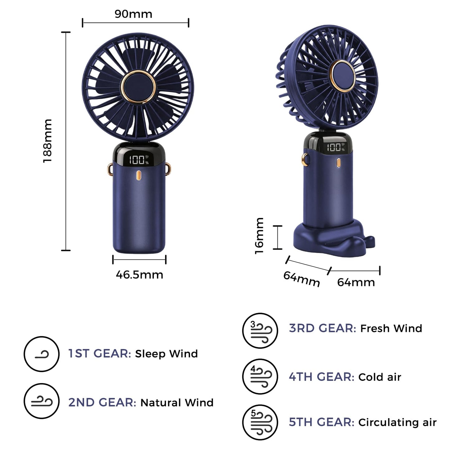 Jsdoin Hand Held Fan,Portable Handheld USB Rechargeable Fans with 5 Speeds,Battery Operated Mini Fan Foldable Desk Desktop Fa