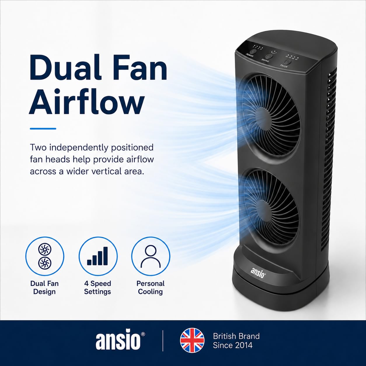 ANSIO 13 Inch Mini Tower Fan, 4 Speeds, 90° Oscillation, 15H Timer, 10W | Brushless DC Motor, Portable Desk & Table Fan with 