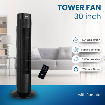 ANSIO 13 Inch Mini Tower Fan, 4 Speeds, 90° Oscillation, 15H Timer, 10W | Brushless DC Motor, Portable Desk & Table Fan with 