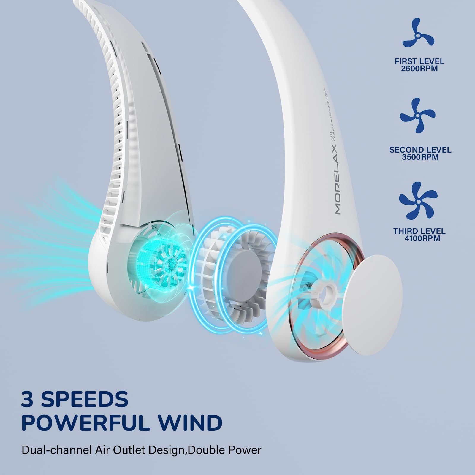 Morelax Neck Fan, Portable Neck Fan,Hands Free Bladeless Mini Fan with 360°Cooling Airflow, 3 Speeds Adjustable,Ultra Quiet W