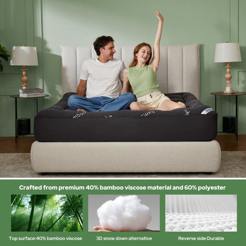 【BEDLORE】Bamboo Cooling Mattress Topper with Fitted Sheet, Thick Luxury Comfort Layer, Breathable & Soft on Skin, Deep Pocket Design, Machine Washable, Ideal for Bedroom & Home Use HomeEssentials