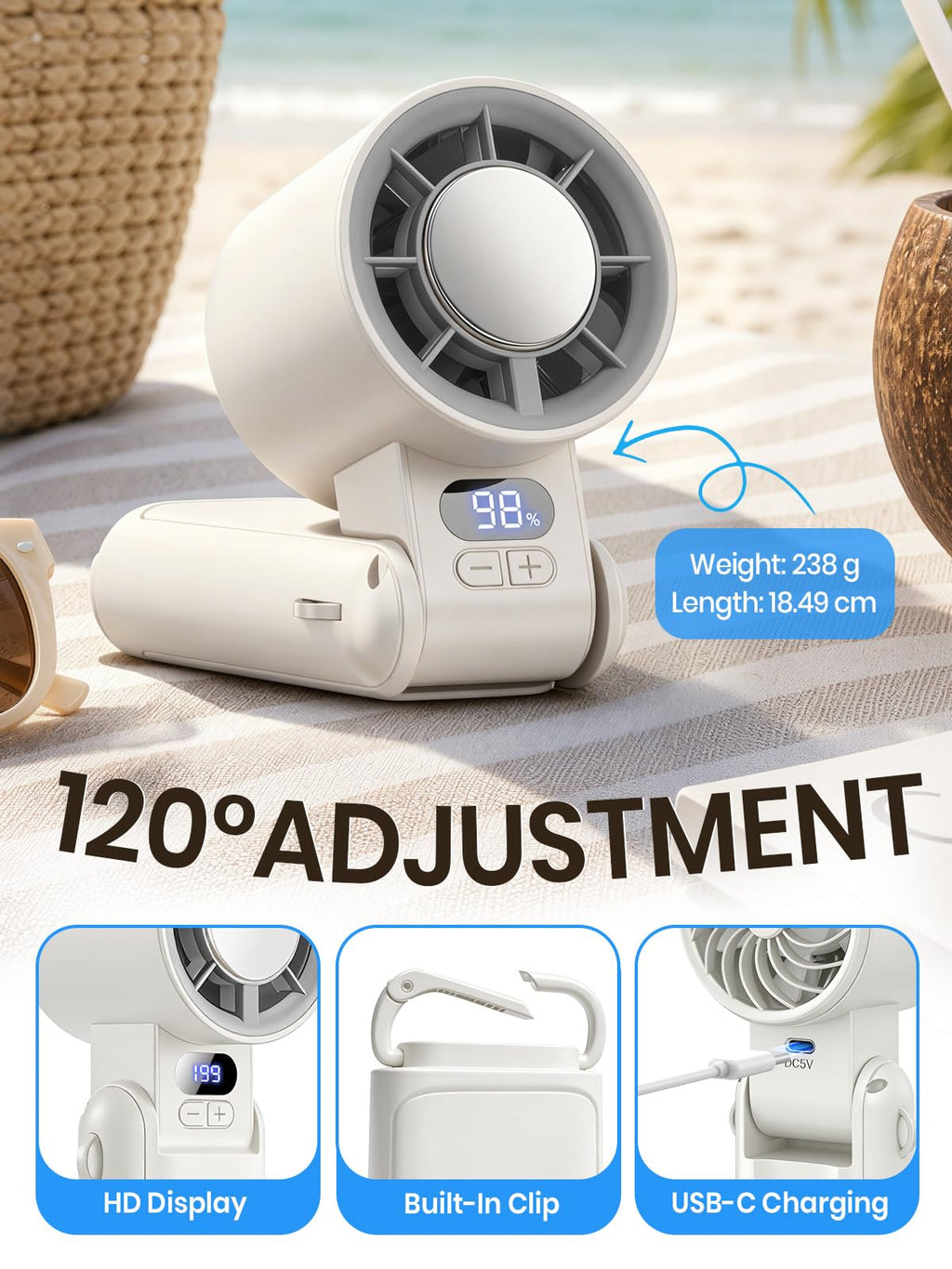 Handheld Fan Rechargeable with LED Display & Clip, 1-199 Speed | 3-in-1 Hand/Neck/Desk Fan, 24ft/s Powerful Airflow, 3600mAh 