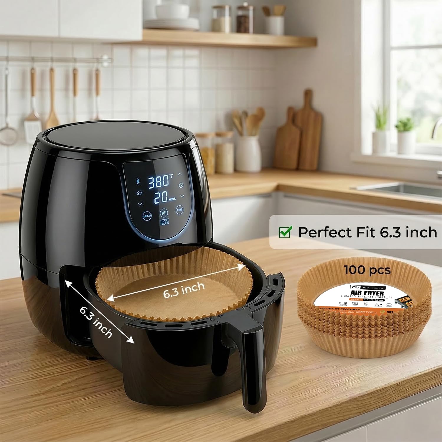 Roe Tenpo Air Fryer Liners, 100Pcs Disposable Baking Parchment Paper, Non-Stick & Greaseproof, Air Fryer Accessories for Ninj