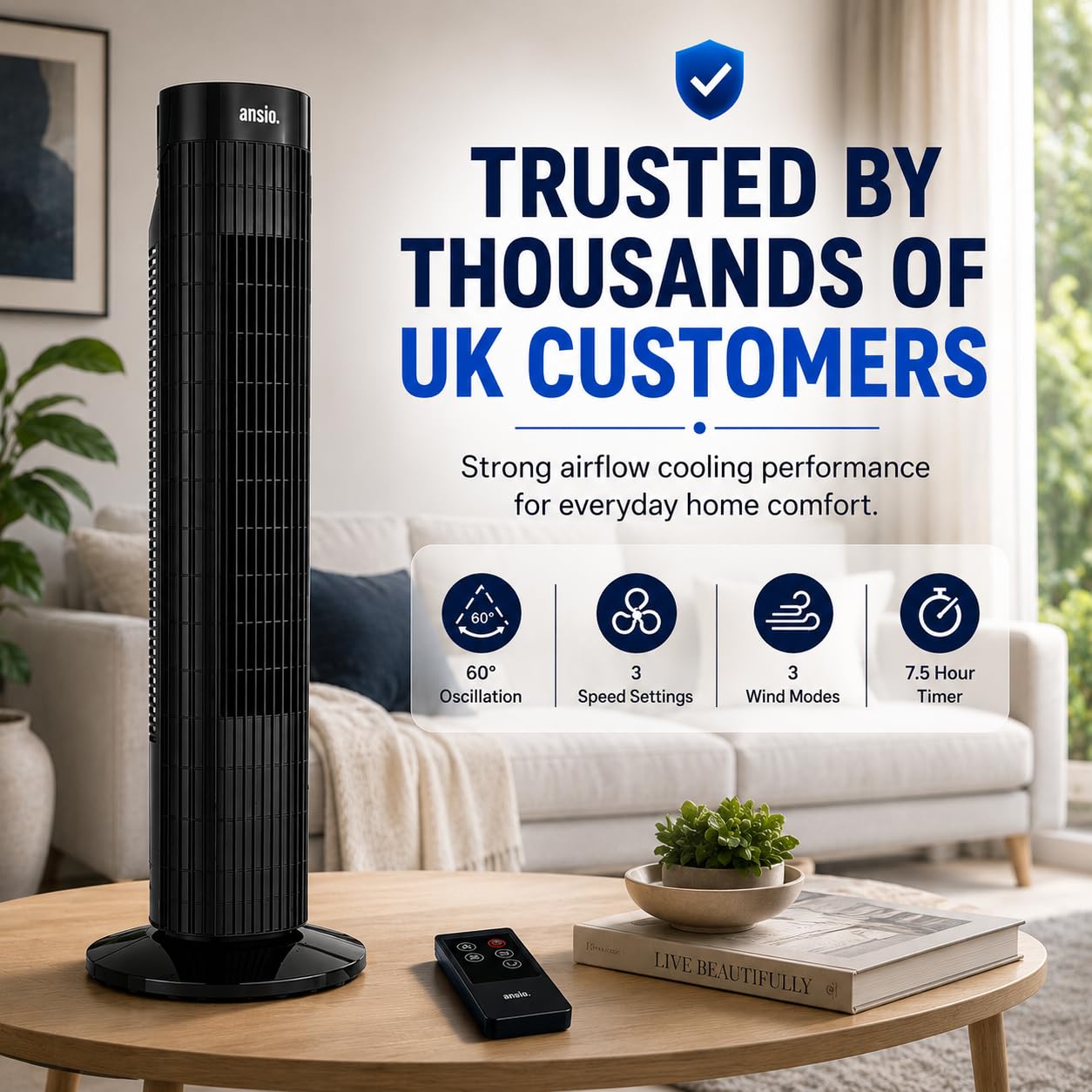 ANSIO 13 Inch Mini Tower Fan, 4 Speeds, 90° Oscillation, 15H Timer, 10W | Brushless DC Motor, Portable Desk & Table Fan with 