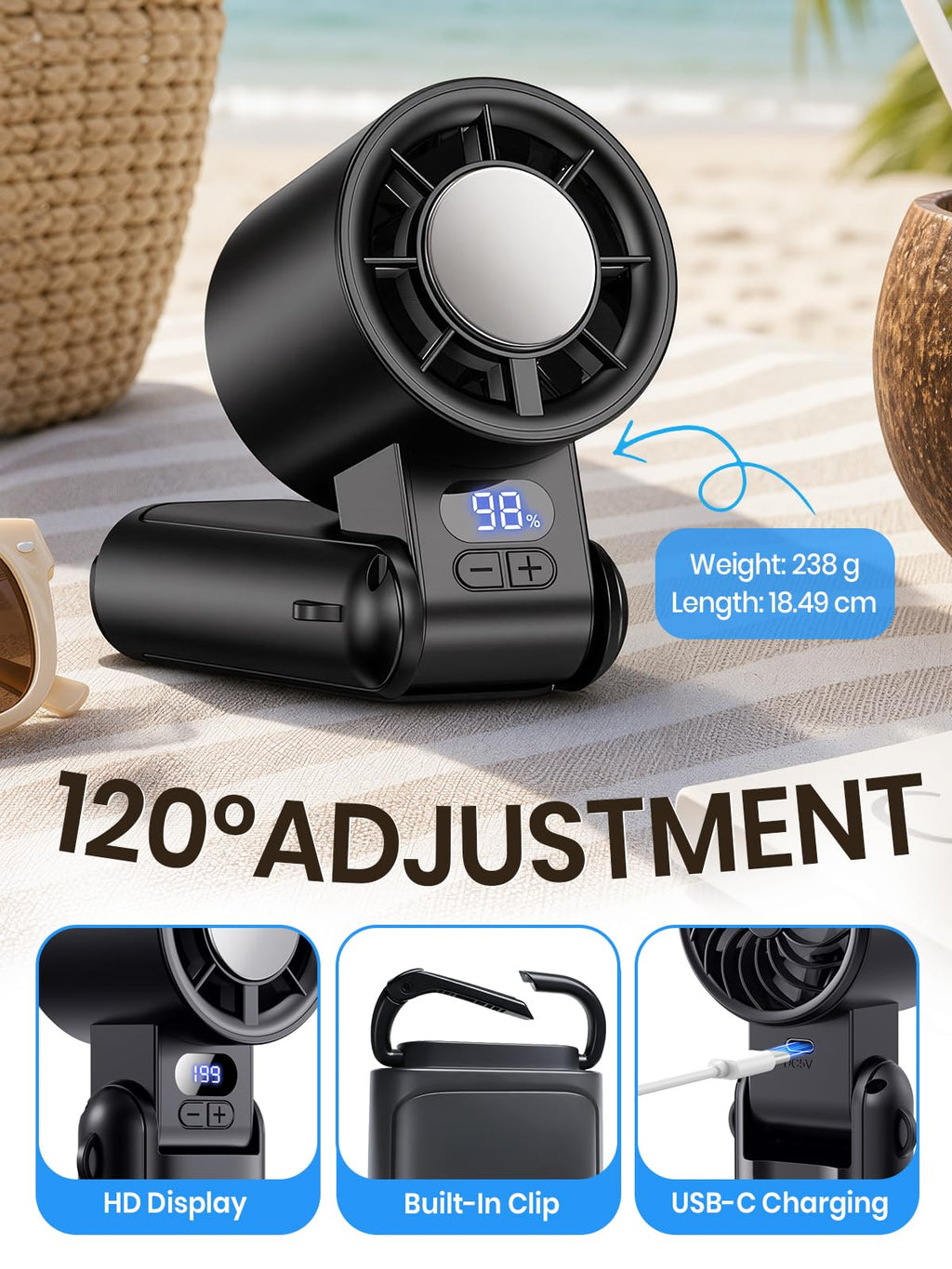 Handheld Fan Rechargeable with LED Display & Clip, 1-199 Speed | 3-in-1 Hand/Neck/Desk Fan, 24ft/s Powerful Airflow, 3600mAh 