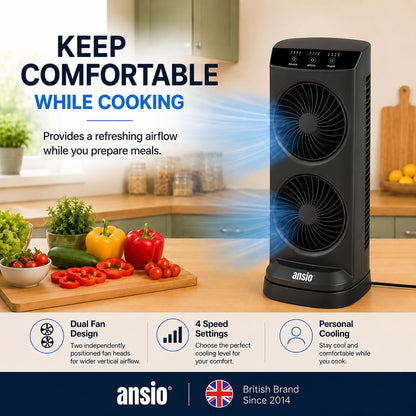ANSIO 13 Inch Mini Tower Fan, 4 Speeds, 90° Oscillation, 15H Timer, 10W | Brushless DC Motor, Portable Desk & Table Fan with 