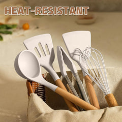 Umite Chef Kitchen Cooking Utensils Set, 33 pcs Non-Stick Silicone Cooking Kitchen Utensils Spatula Set with Holder, Wooden Handle Silicone Kitchen Gadgets Utensil Set (Khaki)