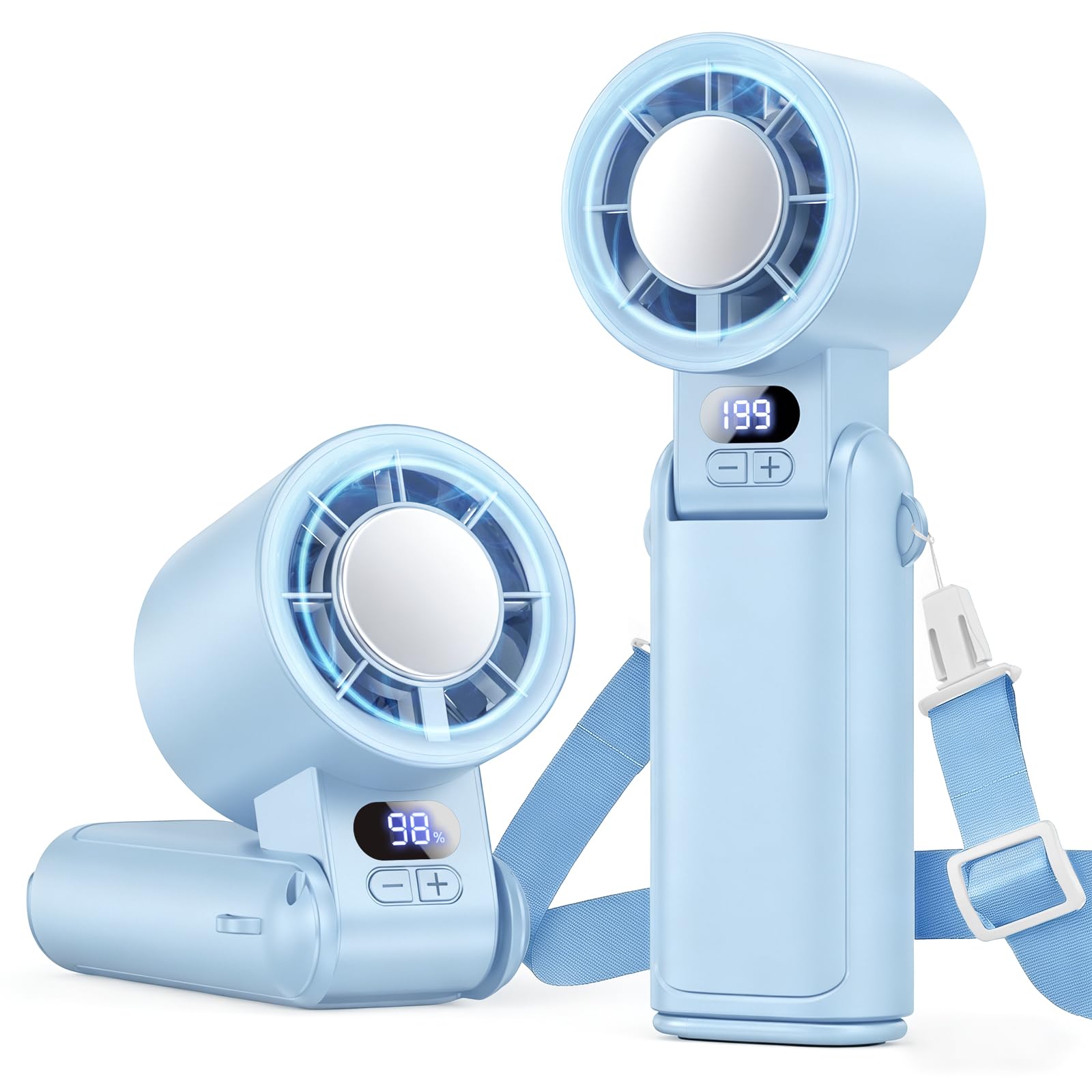 Handheld Fan Rechargeable with LED Display & Clip, 1-199 Speed | 3-in-1 Hand/Neck/Desk Fan, 24ft/s Powerful Airflow, 3600mAh 