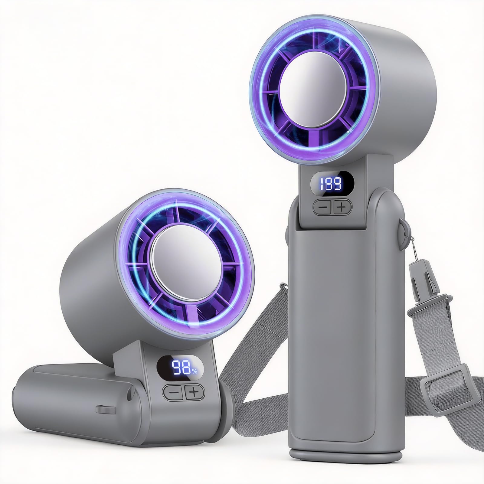 Handheld Fan Rechargeable with LED Display & Clip, 1-199 Speed | 3-in-1 Hand/Neck/Desk Fan, 24ft/s Powerful Airflow, 3600mAh 