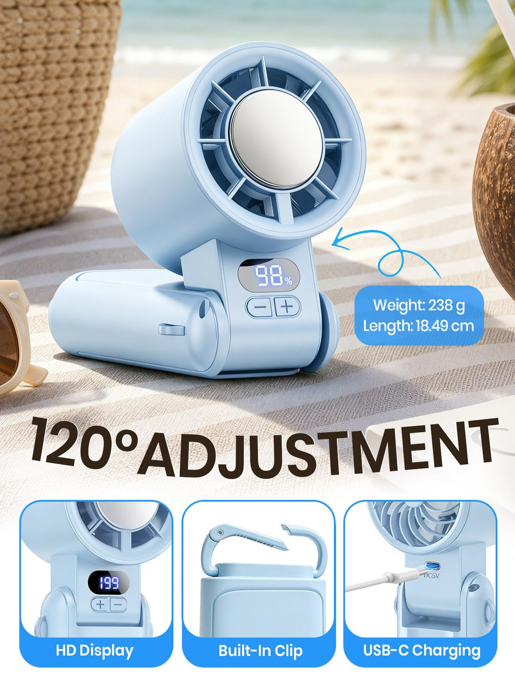 Handheld Fan Rechargeable with LED Display & Clip, 1-199 Speed | 3-in-1 Hand/Neck/Desk Fan, 24ft/s Powerful Airflow, 3600mAh 