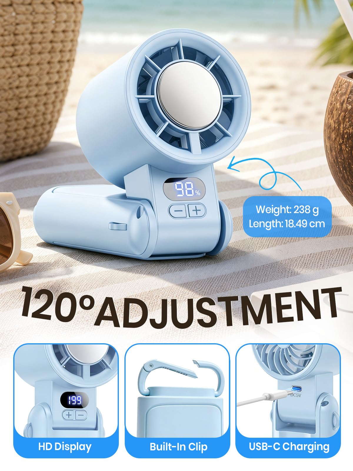 Handheld Fan Rechargeable with LED Display & Clip, 1-199 Speed | 3-in-1 Hand/Neck/Desk Fan, 24ft/s Powerful Airflow, 3600mAh 