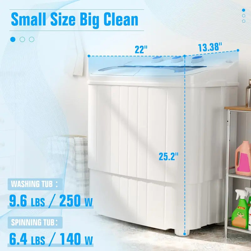 Portable Washing Machine with Longer Hose, 16lbs Twin Tub Laundry Washer Machine with 9.6Lbs Washer and 5.4Lbs Spinner dryer, Semi-automatic Washer Combo for Dorms, Apartments, Blue#Summervibes