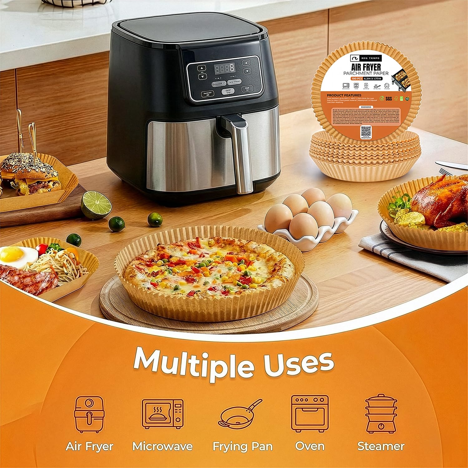 Roe Tenpo Air Fryer Liners, 100Pcs Disposable Baking Parchment Paper, Non-Stick & Greaseproof, Air Fryer Accessories for Ninj