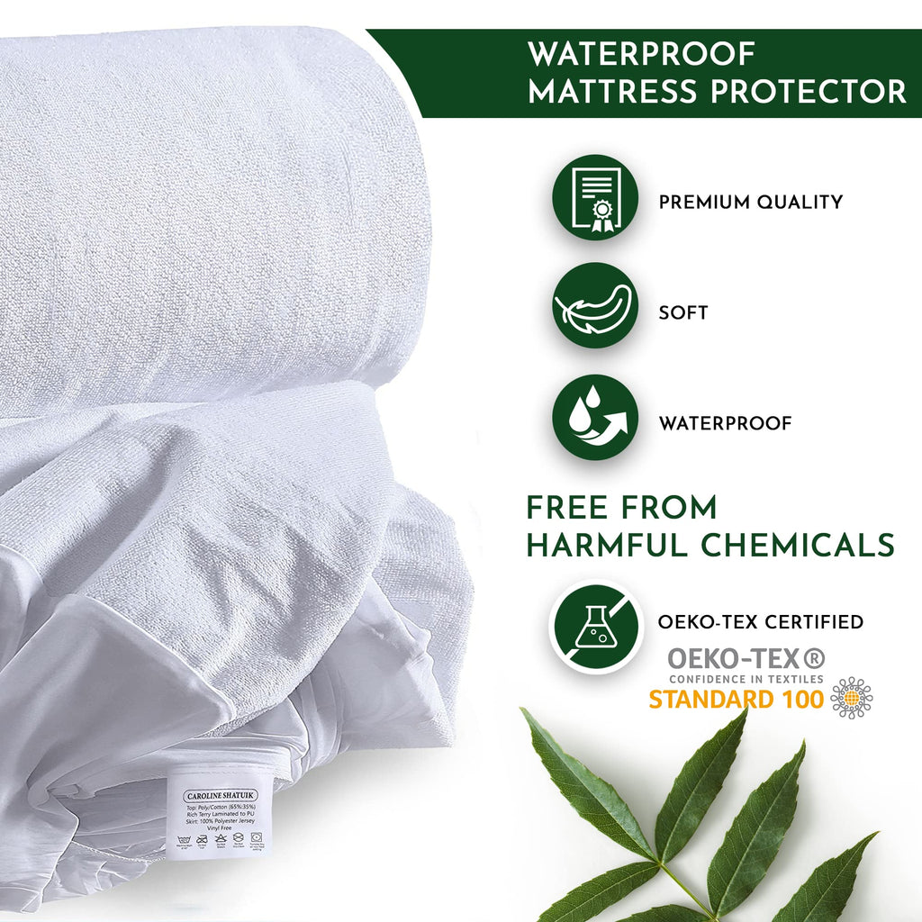 Caroline Shatuik Waterproof Mattress Protector Single,30cm Extra Deep Stretch Skirt Non-Noisy Terry Top Single Mattress Cover