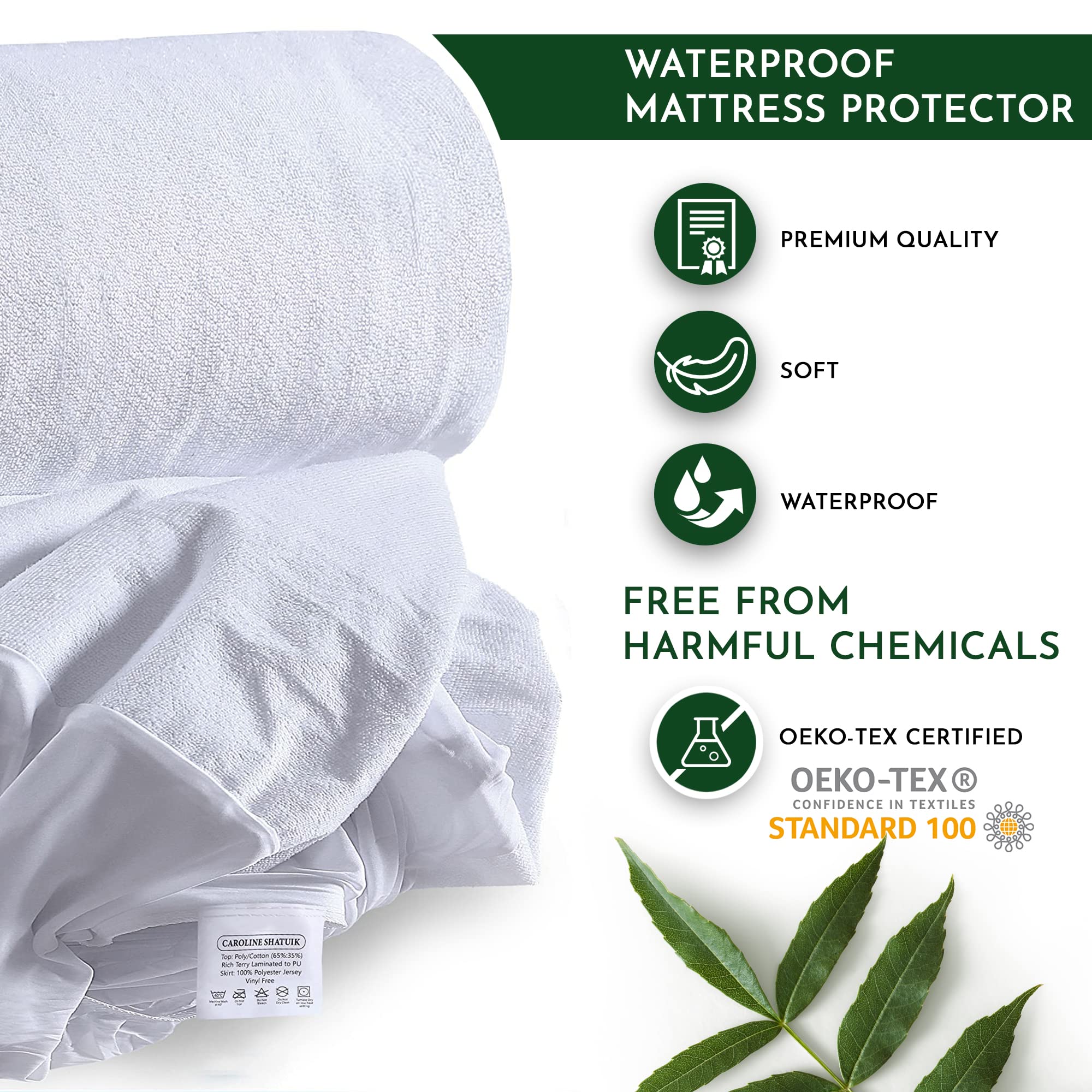 Caroline Shatuik Waterproof Mattress Protector Single,30cm Extra Deep Stretch Skirt Non-Noisy Terry Top Single Mattress Cover