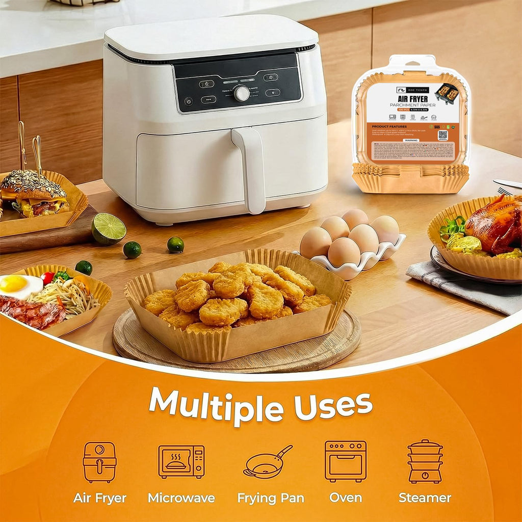 Roe Tenpo Air Fryer Liners, 100Pcs Disposable Baking Parchment Paper, Non-Stick & Greaseproof, Air Fryer Accessories for Ninj