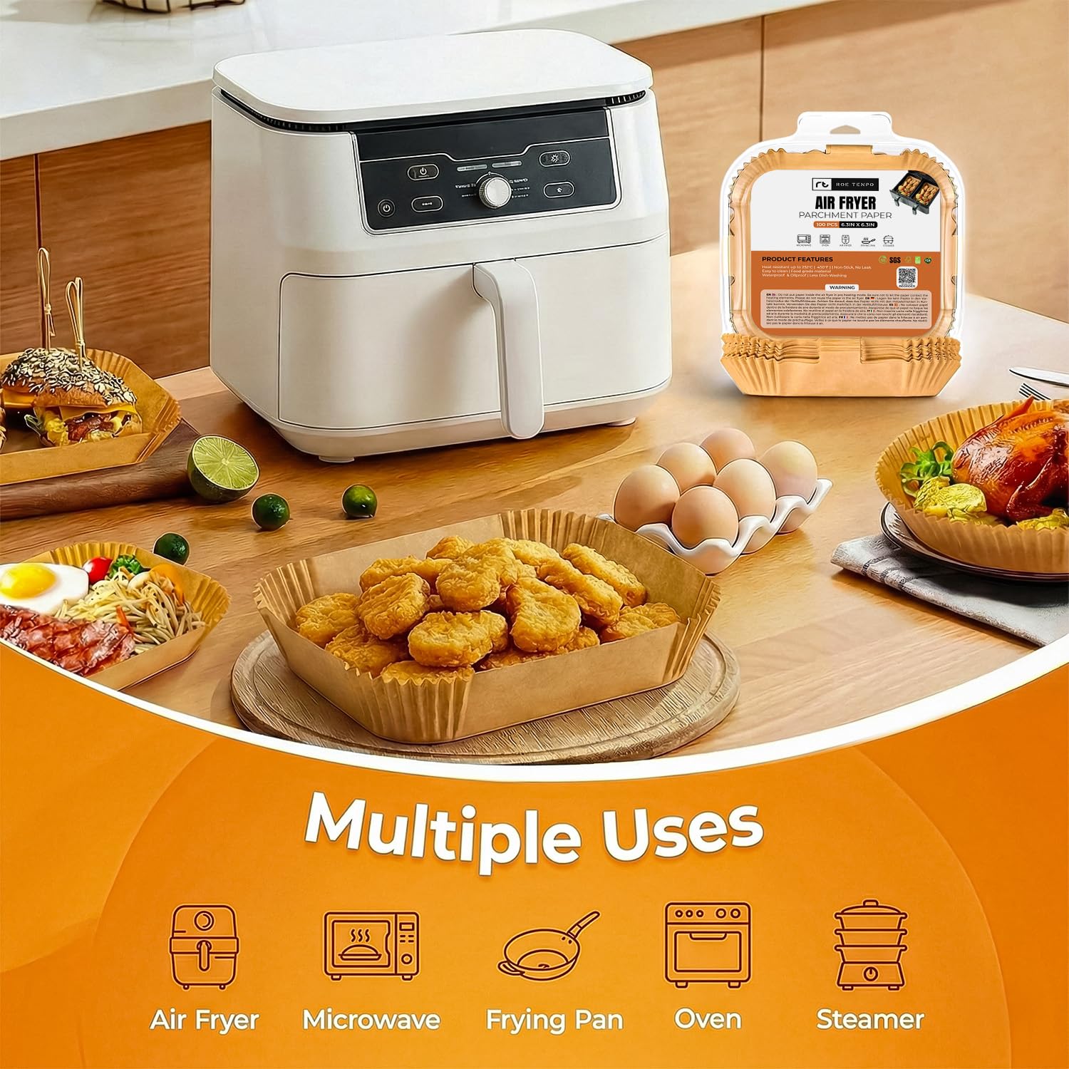 Roe Tenpo Air Fryer Liners, 100Pcs Disposable Baking Parchment Paper, Non-Stick & Greaseproof, Air Fryer Accessories for Ninj