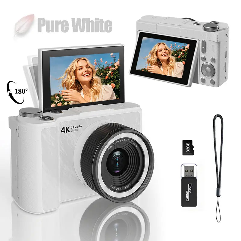 2026 Digital Camera for Photography, Foldable Screen Portable Vlogging Camera with 32GB SD Card, Wrist Strap, Self Timer, Smooth Video vlogging Camera, Ideal Gift for Girls, Boys Teenagers, and Beginners, Birthday Christmas Back to School Gift for Her