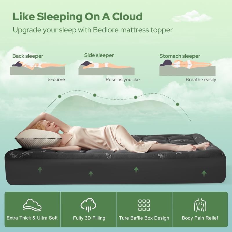 【BEDLORE】Bamboo Cooling Mattress Topper with Fitted Sheet, Thick Luxury Comfort Layer, Breathable & Soft on Skin, Deep Pocket Design, Machine Washable, Ideal for Bedroom & Home Use HomeEssentials