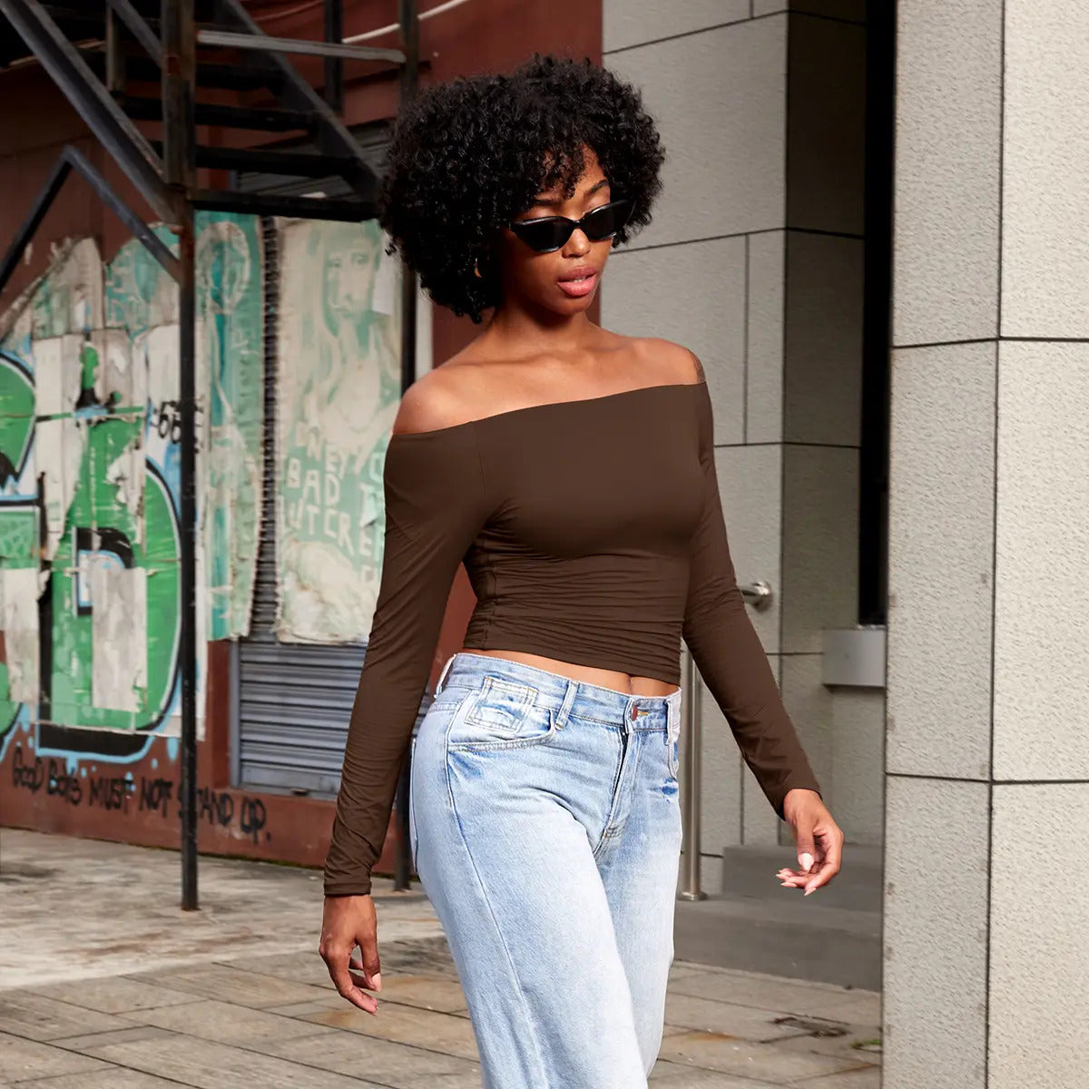 YEOREO Sophie Buttery Soft Off Shoulder Long Sleeve Shirt Double Lined Y2K Going Out Top Casual Cute Basic Womenswear